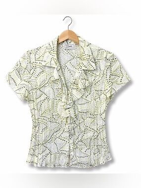 ZACKS Ruffle Blouse Top Green Print Pleated Vintage Boho S/M